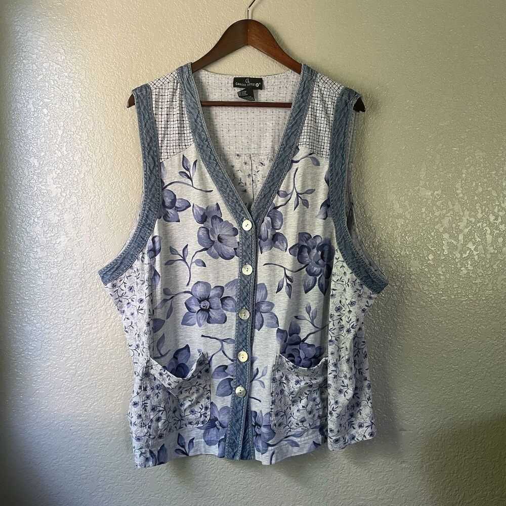 VTG Carole Little Floral Denim Button Down Vest Garden Cottage Granny Pockets